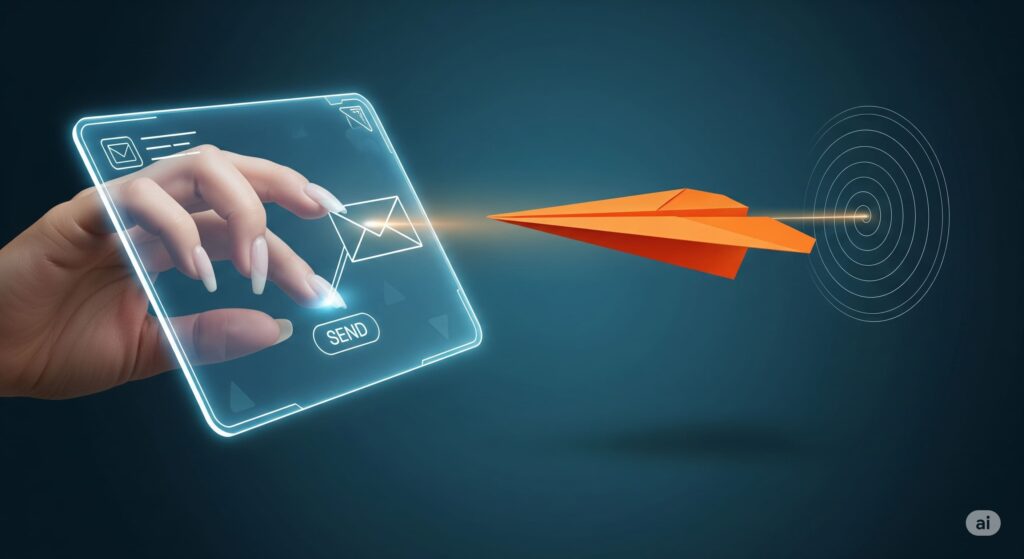 Mão escrevendo e-mail que se transforma em um avião de papel acertando um alvo, simbolizando comunicação eficaz com ajuda da IA.