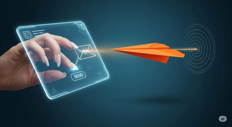 Mão escrevendo e-mail que se transforma em um avião de papel acertando um alvo, simbolizando comunicação eficaz com ajuda da IA.