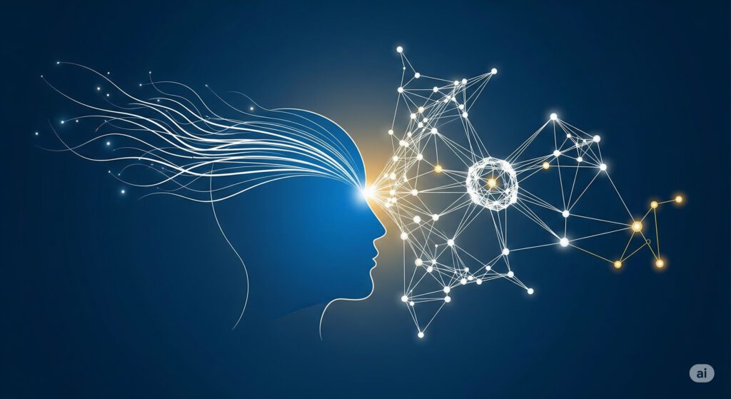 Ilustração abstrata que simboliza a parceria entre a mente humana e a inteligência artificial, mostrando linhas de pensamento se conectando a uma rede neural brilhante.