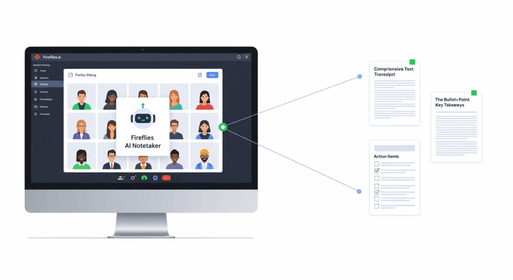 Ilustração do assistente Fireflies.ai participando de uma reunião online e gerando automaticamente a transcrição, o resumo e as tarefas.