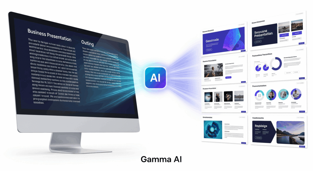 Ilustração do Gamma AI transformando um roteiro de texto em uma apresentação de slides profissional e colorida.