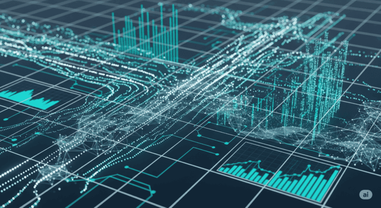 Representação artística e futurista de uma grade de dados 3D, similar a uma planilha, com linhas de luz formando gráficos e uma rede neural, simbolizando a análise de dados com Inteligência Artificial.