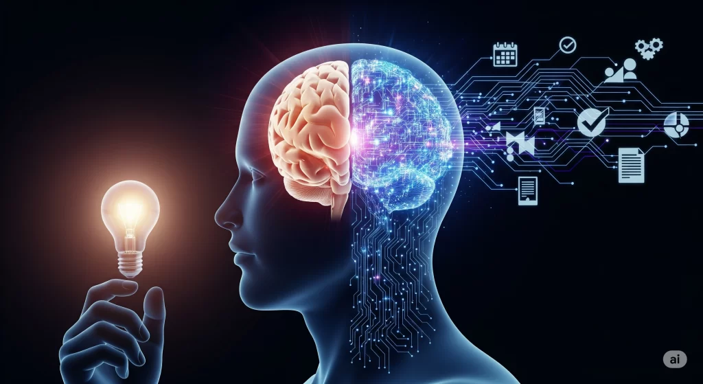 Cérebro humano conectado a um cérebro de inteligência artificial, simbolizando a produtividade com IA e a parceria entre criatividade e automação.