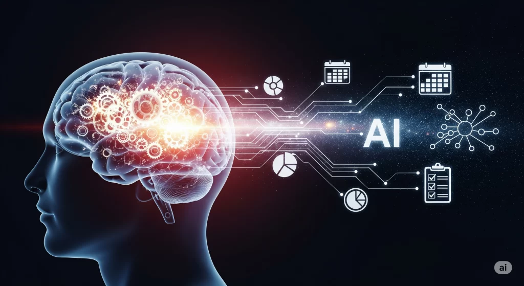 Cérebro humano com engrenagens brilhantes se conectando a ícones de tecnologia, simbolizando a automação de tarefas e a produtividade com IA
