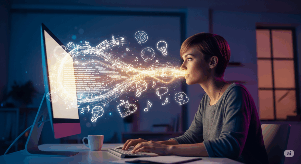 Mulher em estúdio interagindo com a IA do ChatGPT, que gera ideias de texto, música e imagens a partir da tela do computador.