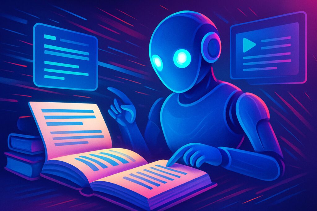 Robô azul brilhante lendo livro digital rosa, cercado por ícones de texto e vídeo, representando aprendizado com inteligência artificial.