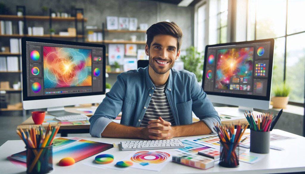 Designer gráfico sorrindo em sua mesa de trabalho, em frente a dois monitores que exibem arte digital colorida criada com Inteligência Artificial.