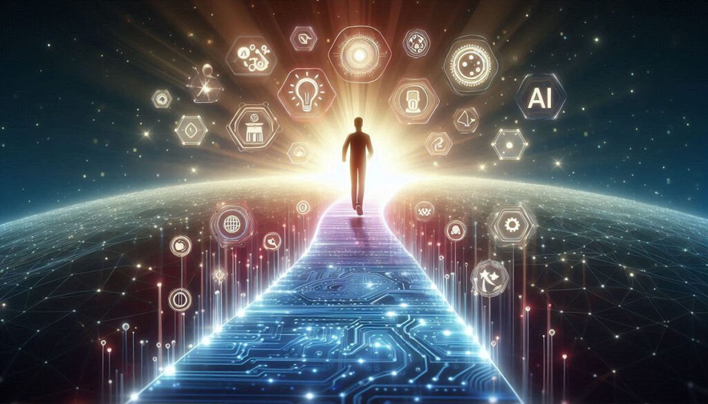 Pessoa dando o primeiro passo em um caminho iluminado com ícones de tecnologia, simbolizando um guia de IA para iniciantes.