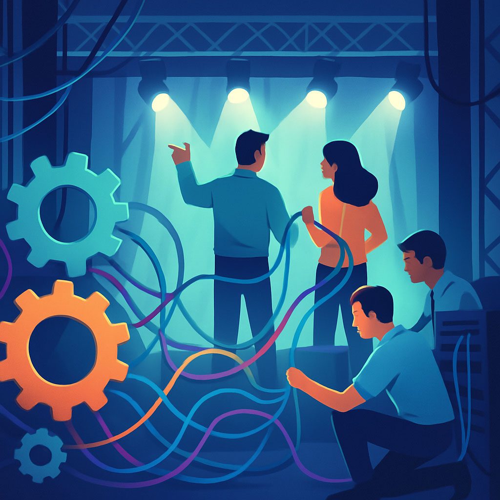 Ilustração de pessoas trabalhando nos bastidores de um palco, com fios e engrenagens, simbolizando conexão e trabalho em equipe.