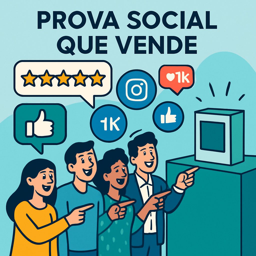 Ilustração com o texto 'PROVA SOCIAL QUE VENDE', mostrando um grupo de pessoas apontando para uma tela, com balões de fala contendo estrelas de avaliação, ícones de curtidas e compartilhamentos, simbolizando a influência da prova social nas vendas.
