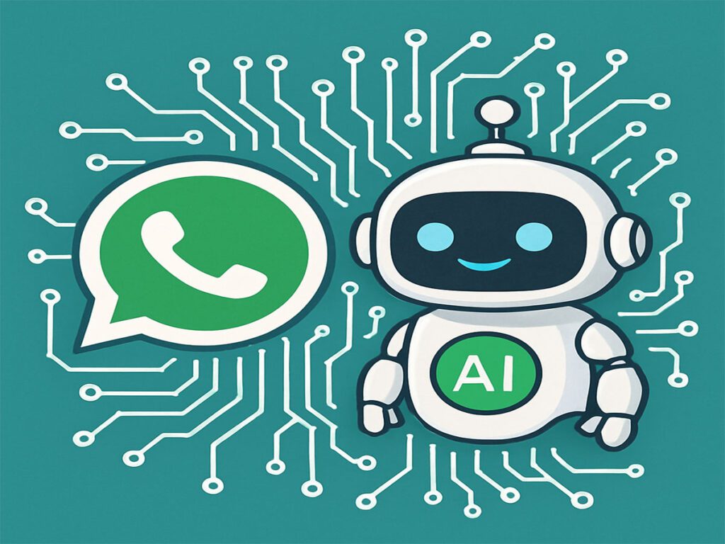 Ilustração de um chatbot de IA para WhatsApp, mostrando um robô amigável conectado ao ícone do aplicativo por circuitos.